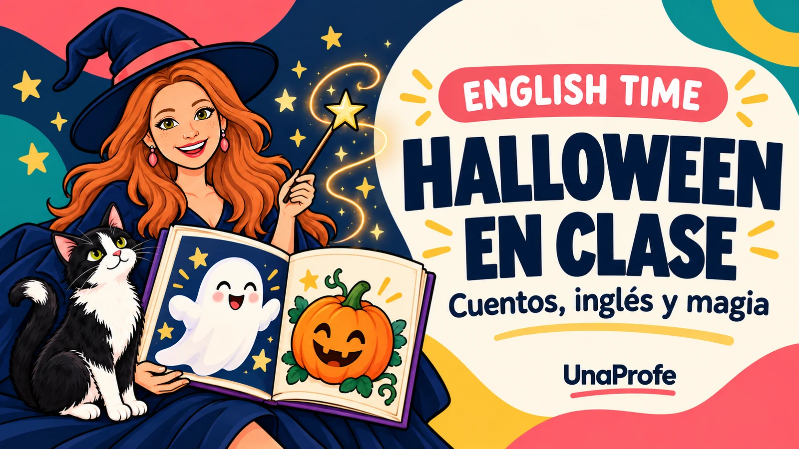 Ilustración de Ale como teacher de Halloween, con un cuento, un fantasma simpático y Lola