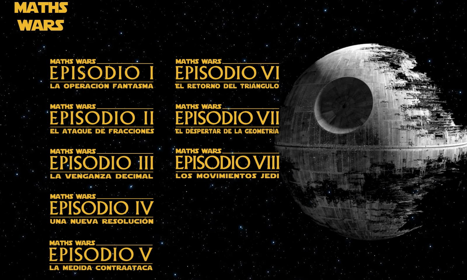 Pantalla principal de Maths Wars 5º con sus siete episodios matemáticos