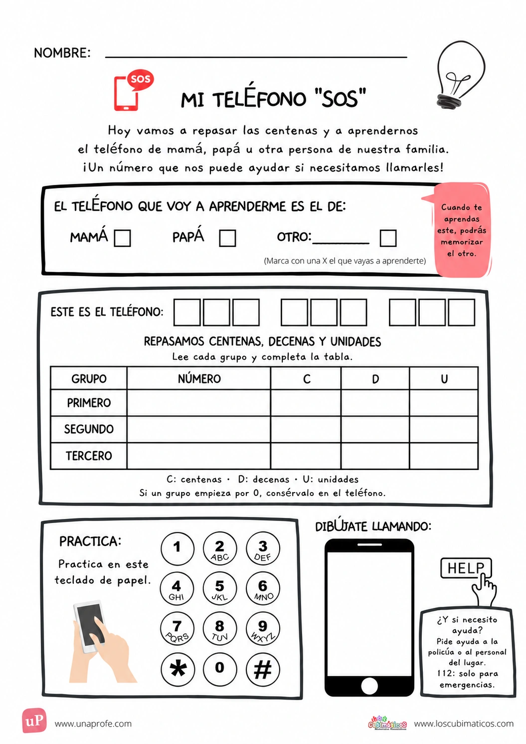 Ficha Mi teléfono SOS: elección del teléfono familiar, nueve casillas en tres grupos, tabla de centenas, decenas y unidades, teclado de papel y espacio para dibujar.