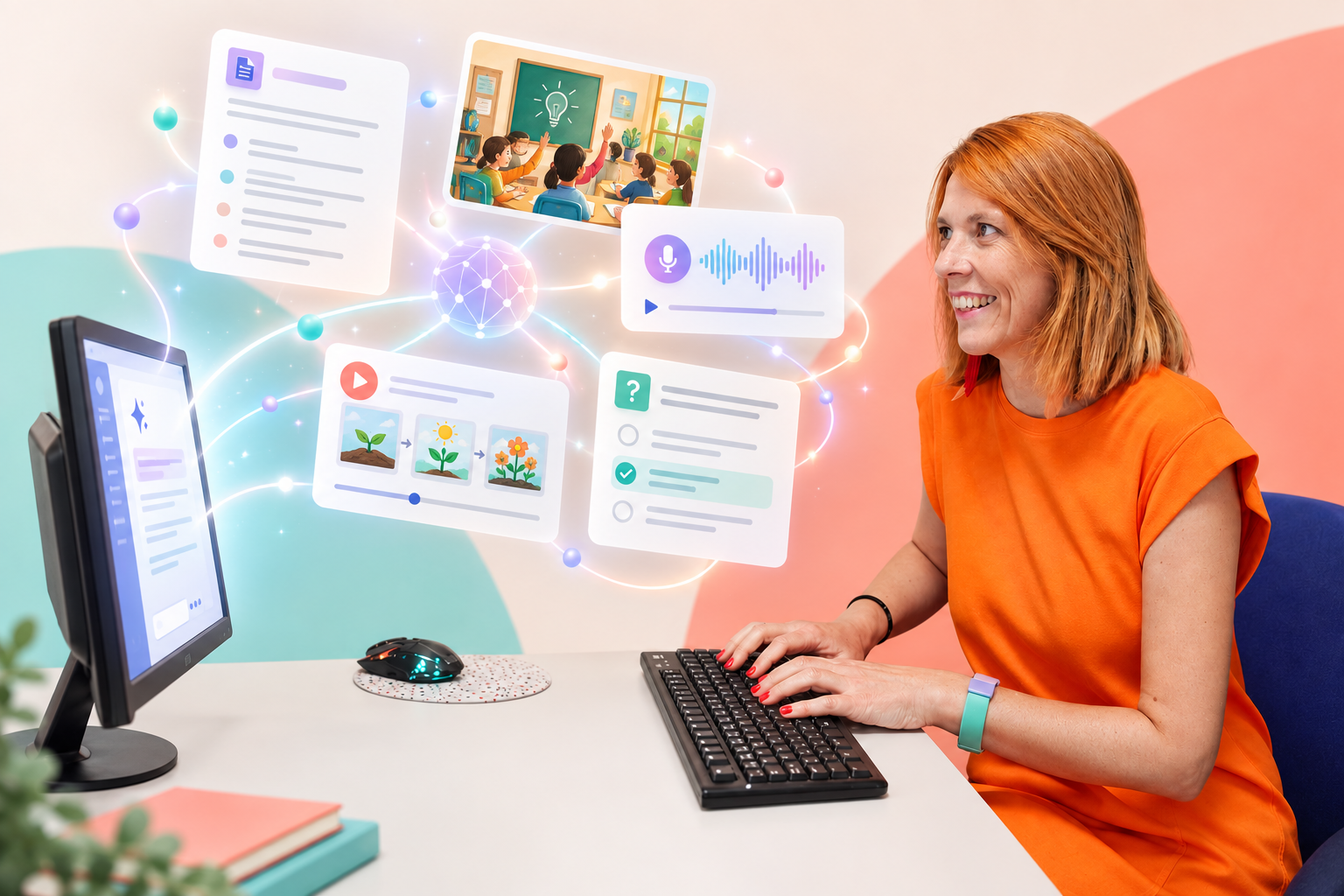 Ilustración de una docente utilizando inteligencia artificial para crear materiales educativos