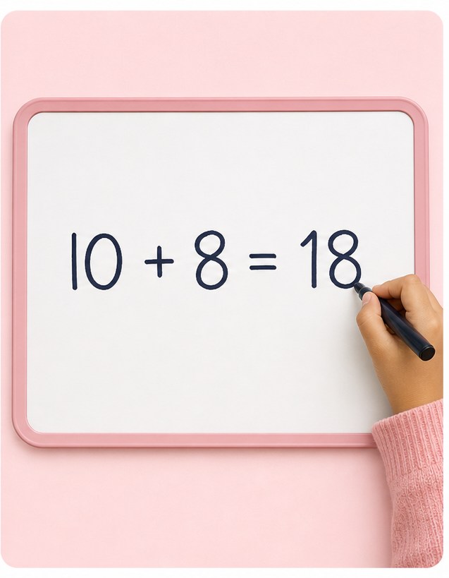 Mano de un niño escribiendo la operación 10 más 8 igual a 18 en una pizarra blanca