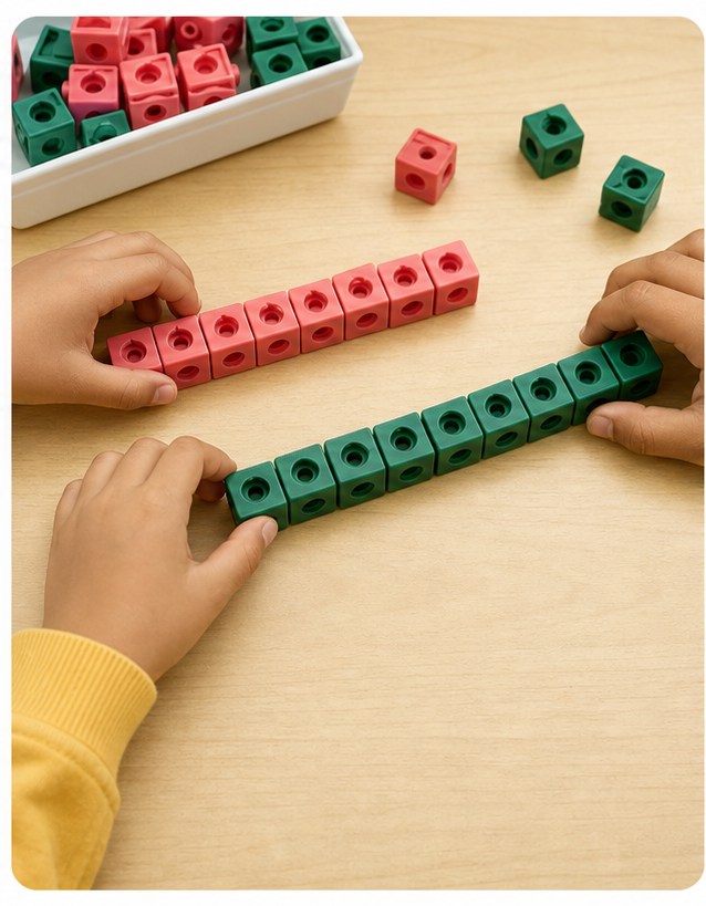 Manos de varios niños agrupando cubos encajables sobre una mesa