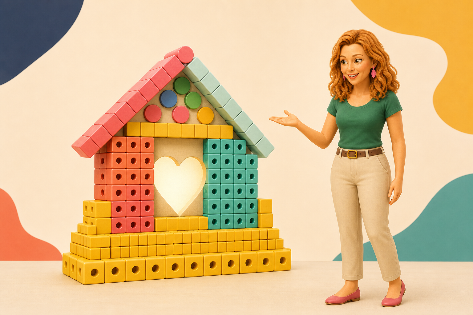 Alejandra presenta una casa construida con material manipulativo para representar las partes del Método Singapur