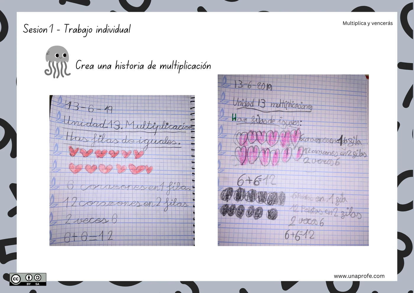 Producciones individuales del alumnado con historias y representaciones de una multiplicación